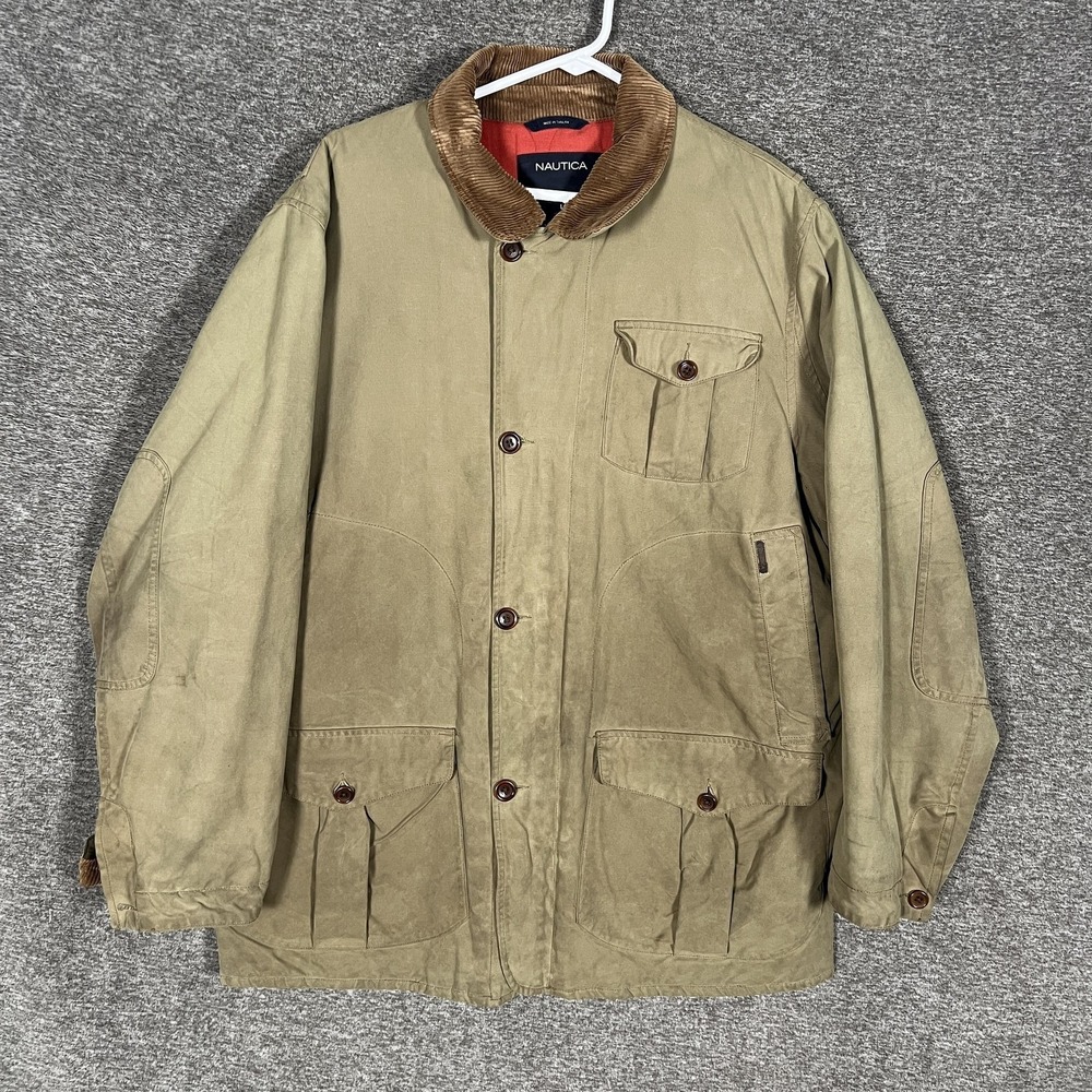 Nautica Jacket Mens Large Green Canvas Quilted Barn Corduroy Chore Field Coat